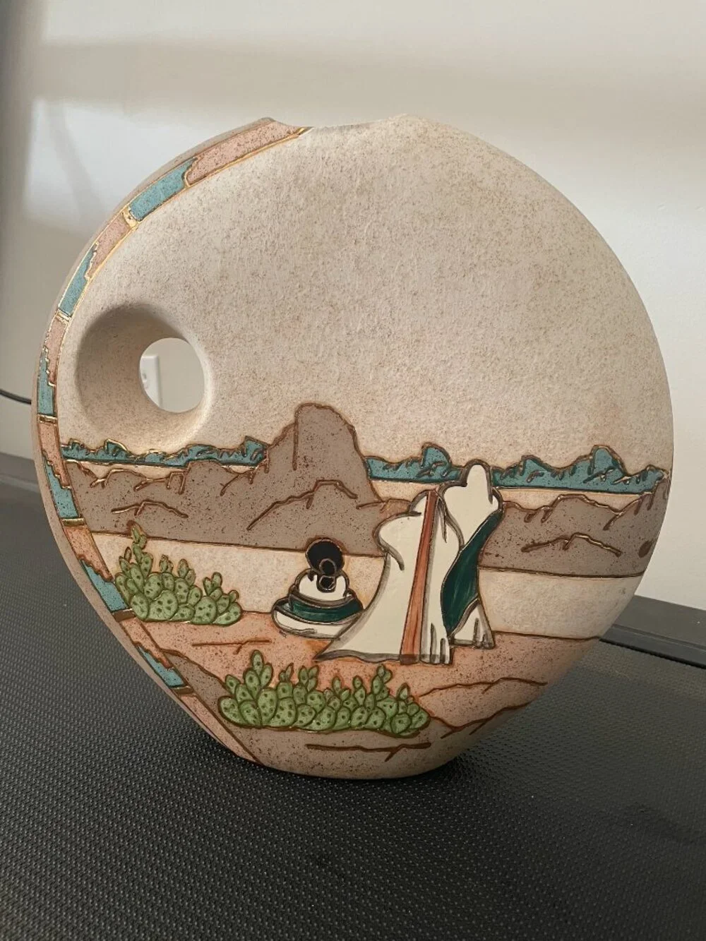 Vintage Southwest Ceramic Disc Moon Vase Hand Painted Natives Desert Gold Accent